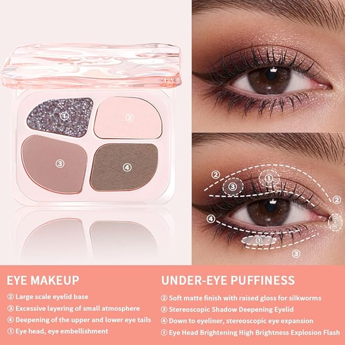 Pink Eyeshadow Palette – 4-Color Mauve Nude & Baby Pink Matte Shades with Lavender Silver Glitter, High Pigment Long-Lasting Blendable Eye Shadow Quad for Daily Soft Glam & Natural Cool Tone Looks