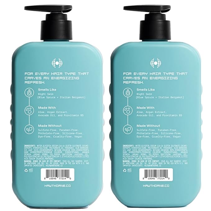 Hawthorne All Day Men's Shampoo. Sulfate Free, Paraben Free, Mens Natural Shampoo With Argan and Coconut Oil. For Stronger, Moisturized, Healthier Hair. Night Swim Cologne Scent. 16 fl. oz. 2-Pack.