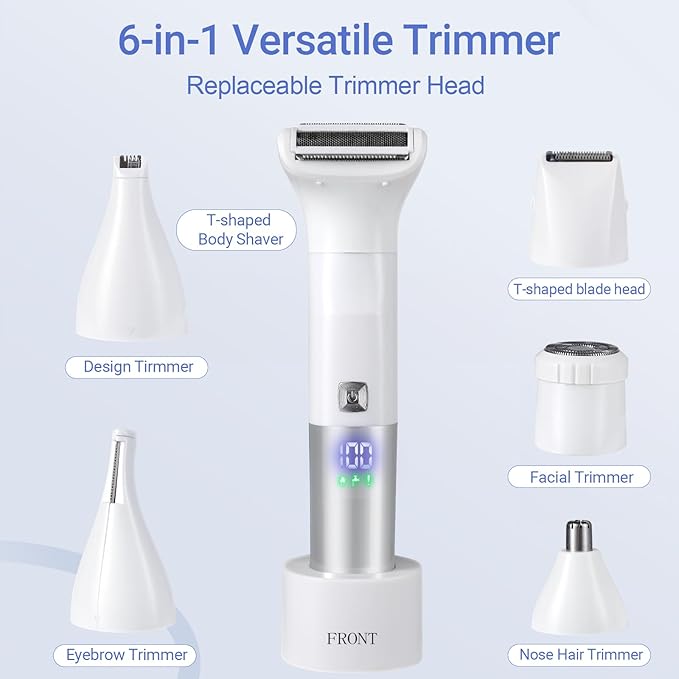 Shaver for Women, 6-in-1 Body Hair Trimmer, Facial & Pubic Hair Removal, IPX7 Waterproof Wet & Dry Grooming Electric Shaver Kit,Cordless Travel Razor with USB Charging Dock