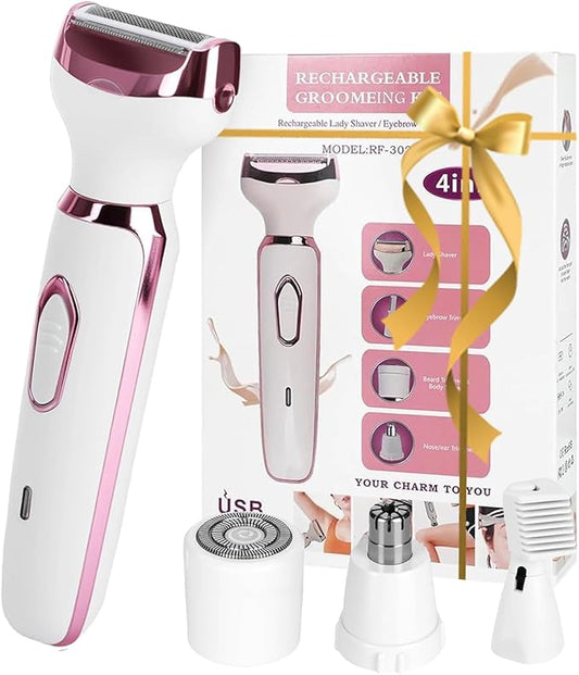Women's Electric Shaver 4-in-1 - Waterproof Painless Hair Remover for Bikini, Face & Body, Cordless Wet/Dry Trimmer with Nose & Eyebrow Heads, Fast USB-C Charging, Gift for Women