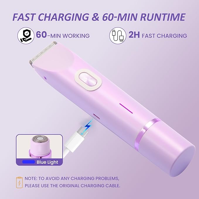 Bikini Trimmer for Women, 2-in-1 Electric Razor for Women, Cordless Electric Shaver Type-C with Cable, Bikini Trimmer for Body, Face, Underarm, Hypoallergenic, Wet & Dry Use, Waterproof