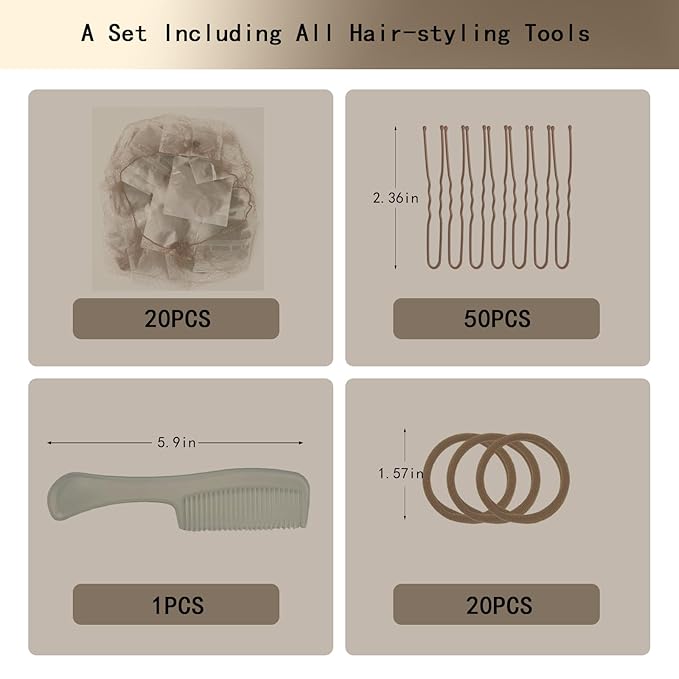 Invisible Hair Nets 50cm with 20Pcs,50Pcs U Shaped Bobby Pins,20Pcs Hair Ties and a Comb Styling Accessories Set,50cm for Ballet Bun,Wig,Food Service,Cabin Attendant, for Women and Girls(Brown)