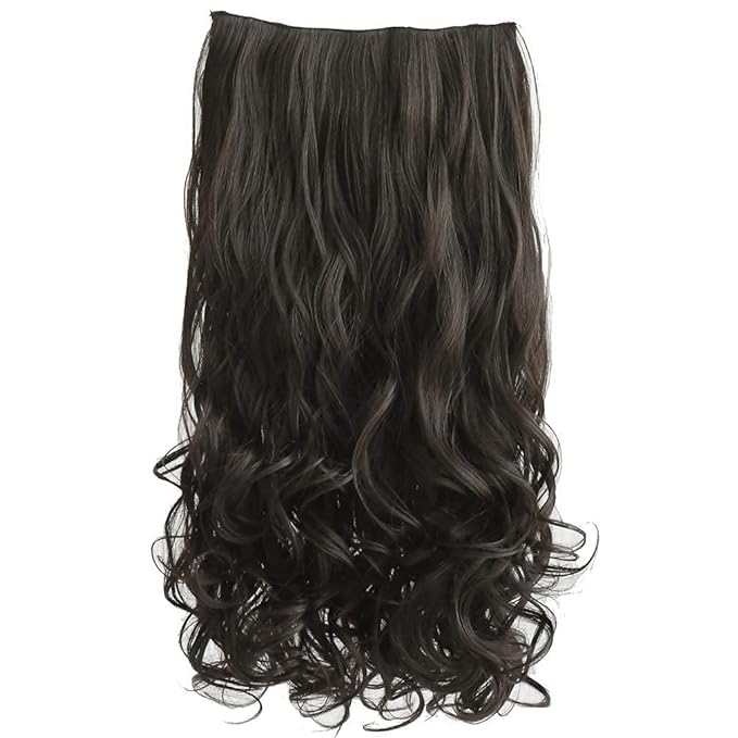 REECHO 16" 1-Pack 3/4 Full Head Curly Wavy Clips in on Synthetic Hair Extensions HE008 Hairpieces for Women 5 Clips 3.9 Oz per Piece - Black Brown