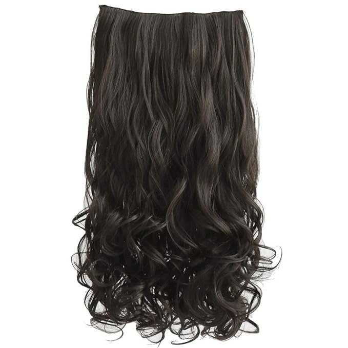 REECHO 18" 1-Pack 3/4 Full Head Curly Wavy Clips in on Synthetic Hair Extensions HE008 Hairpieces for Women 5 Clips 4.0 Oz per Piece - Black Brown