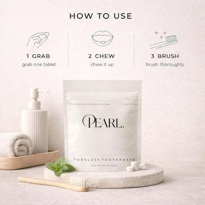 Pearl Fluoride Mint Toothpaste Tablets | Dentist Designed | Natural Whitening | Sensitivity Relief | TSA Approved | Plastic-Free | Reusable Packaging (62 Tablets)