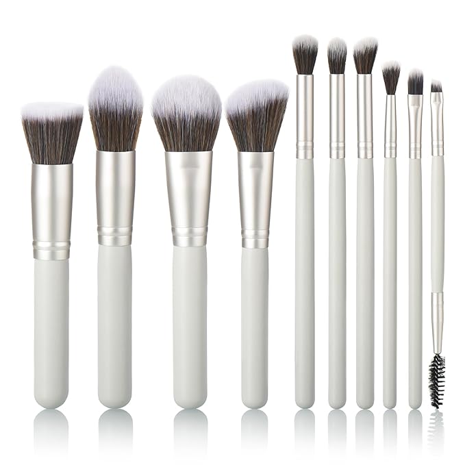 YJ-Anyue 10 Piece Makeup Brushes - Grayish Green Wooden Handle with Soft Synthetic Bristles,for Face & Eye Makeup|Professional Makeup Brushes set for Women & Girls|