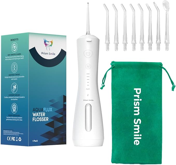 AquaFlux Water Flosser, Cordless Dental Irrigator with 6 Modes, 240ml Tank, IPX7 Waterproof, 30-Day Battery Life, 8 Tips Included