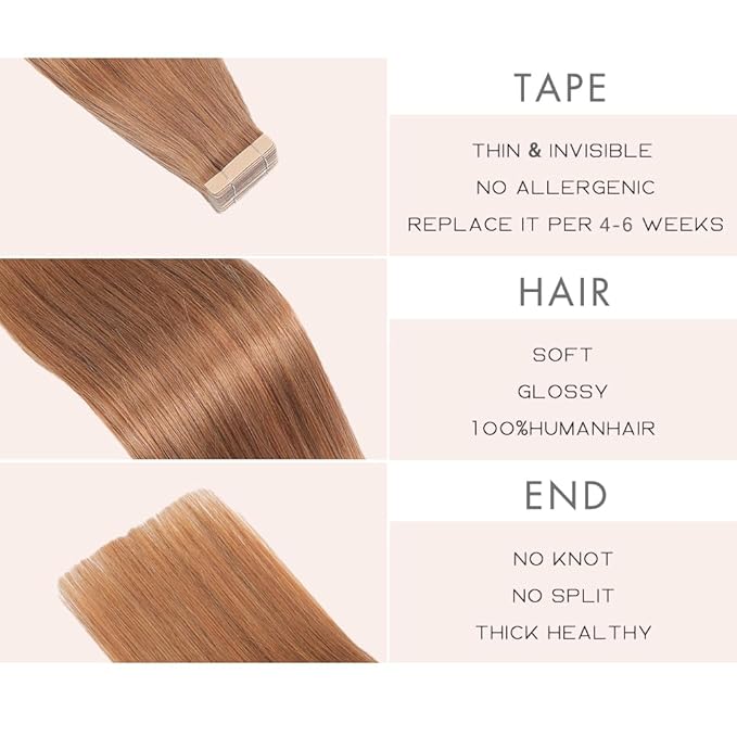 Tape in Extensions Skin Weft Tape Extensions Human Hair 20pcs Remy Hair Extensions 22 Inch Light Brown Straight Invisible Human Hair (30#,22 Inch)