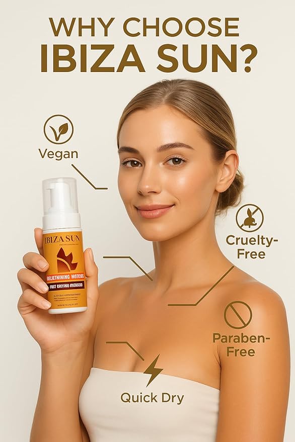 Ibiza Sun Self-Tanning Mousse – Organic DHA + Aloe Vera – Quick Dry, Paraben-Free, Vegan & Cruelty-Free – Natural-Looking Tan for Face & Body