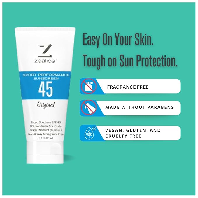 Zealios Sport Performance Original SPF 45 Hybrid Sunscreen 3 oz - Broad Spectrum, Water & Sweat Resistant (80 min) Non-Greasy, 8% Non-Nano Zinc Oxide Lotion for Swimming, Running & Cycling