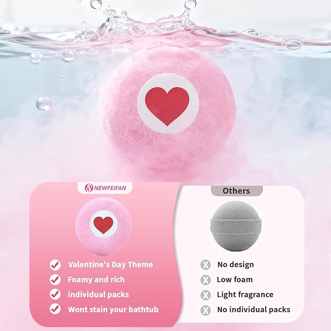 Valentines Bath Bombs for Women, XXL 4-Pack Handmade Natural & Organic Rose Essential Oil, Valentines Day Gifts for Her Him, Valentines Day Basket Birthday Gifts for Wife Daughter Girlfriend Coworkers