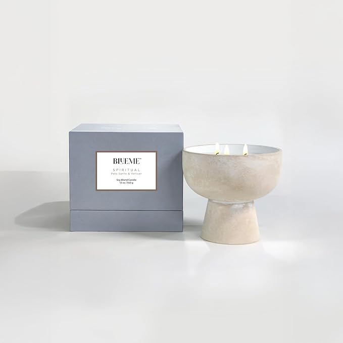 Blueme Spiritual Candle | Palo Santo & Vetiver | 2 Wick - Refillable Wellness Candle with Essential Oils, Hand Finished & Poured Soy Wax Blend Ceramic Vessel, Natural Cotton Wicks | Medium 12 oz