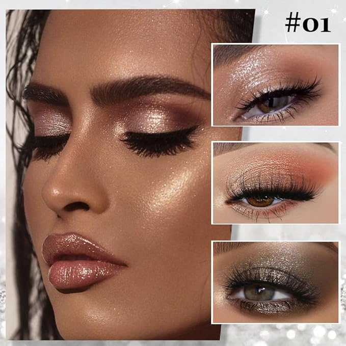 Shiny Shimmer Highlight Eyeshadow Palette, Cream Sparkling Glitter Metallic Powder Quad, Day to Night Champange Gold Silver Brown White Smoky sombras de ojos, Party Cosmetics (Cowherd-Shimmer-01#)