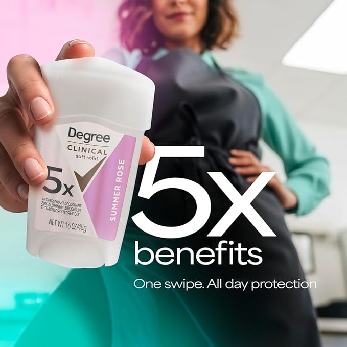 Degree Clinical Strength Antiperspirant Deodorant 96-Hour Sweat and Odor Protection Summer Rose Soft Solid 5x Types of Sweat 1.6 oz