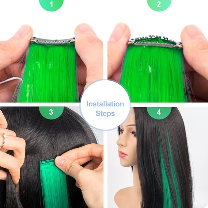 Green Hair Extensions Clip in 14 PCS, 22 In Colored St Patricks Day Party Highlights,Synthetic Long Straight Colorful Hairpieces for Girls Women Kids Cosplay Gift(Neon Green/Forest Green)
