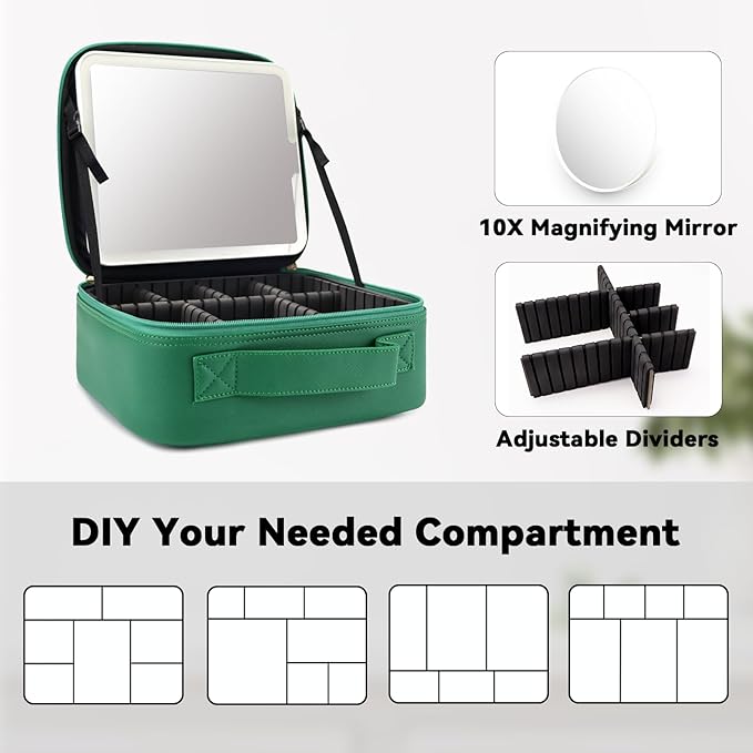 SLUMAZI Travel Makeup Bag with LED Mirror and 10x magnifying glass with 3 Lighted Settings, Adjustable Dividers and Makeup Brush Storage Bag Dark Green