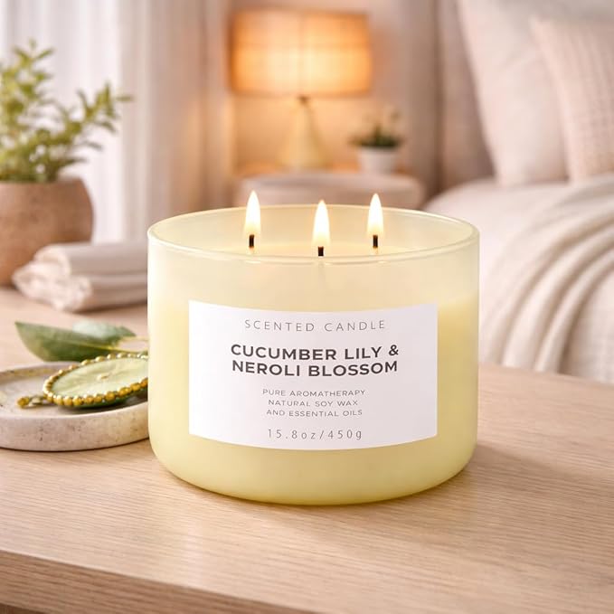 Cucumber Lily & Neroli Orange Blossom 3-Wick Soy Scented Candle, 15.8 oz | Spa Fresh Aromatherapy Candle | Large Scented Candle for Home, Long Lasting & Clean Burning