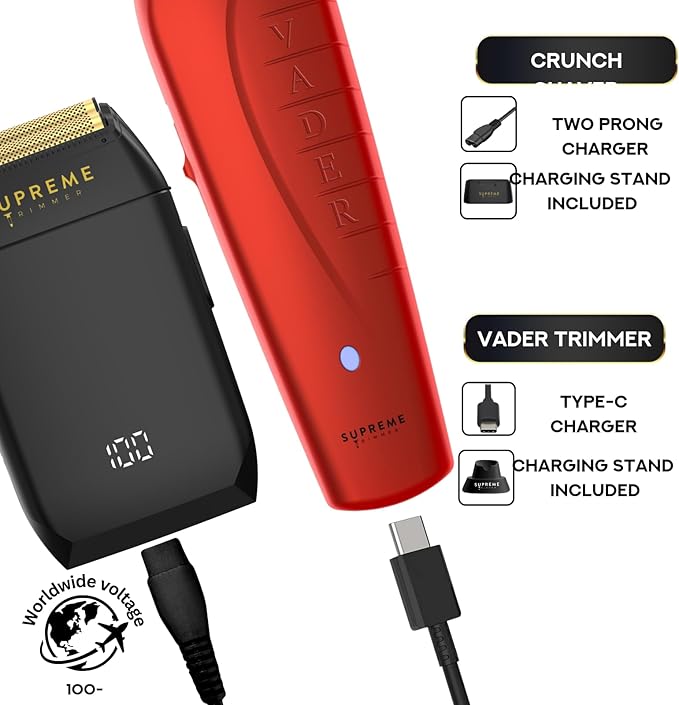 Supreme Trimmer Vader Trimmer & Crunch Foil Shaver Barber Haircutting Kit | Professional DLC T-Blade Beard Trimmer ST3778 & STF602 Waterproof IPX6 Shaver Set | Red