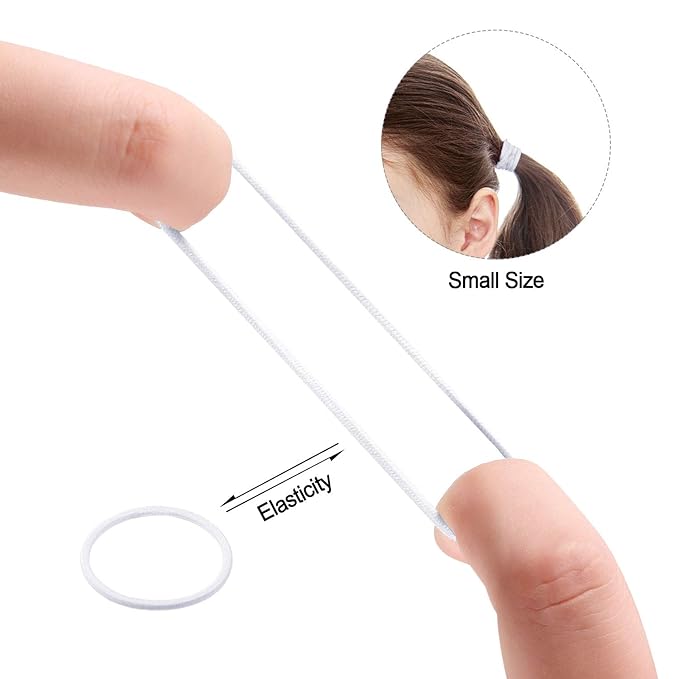 TecUnite 200 Pcs 1inch Colorful Rubber Elastic Hair Ties Small Bulk for Women Mini Ponytail Holders Rainbow Hairbands Metal Free Bands(White)