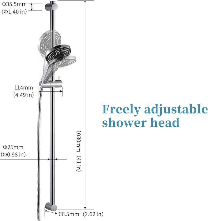 OFFO Shower Slide Bar Combo, Adjustable 40 in Slide Bar with 6-Mode High Pressure Handheld Shower Head and 60 in Stainless Steel Hose, Screw Wall Mounted, Chrome