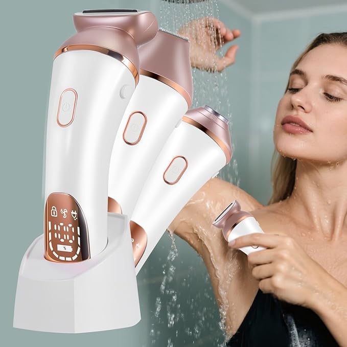 Electric Razor Bikini Trimmer for Women Rechargeable Painless Shaver for Body Hair IPX7 Waterproof Cordless LED Display for Women Underarm Public Hairs (Gold)