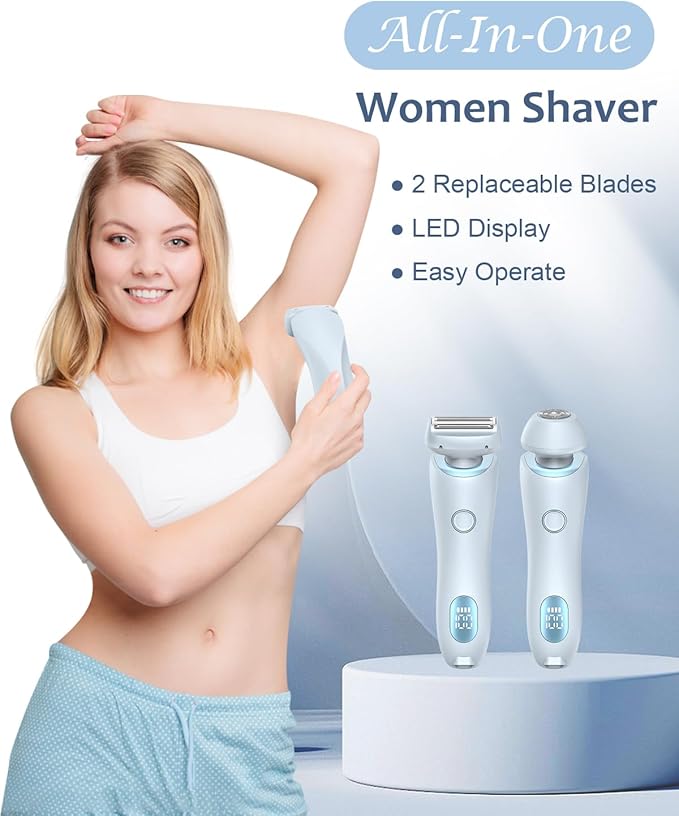 Electric Shaver for Women - Painless Lady Razor Facial Hair Remover 2-in-1 Wet and Dry Cordless Portable Bikini Trimmer for Face Armpit Legs Body - Rechargeable IPX7 Waterproof Hair Removal (Blue)