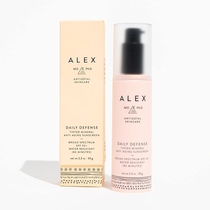 ALEX MD PhD Sunscreen for Face, Tinted Mineral Facial Sunscreen SPF 50+, Anti Aging Daily Defense Moisturizer for Sensitive and Post-Procedure Skin with Zinc Oxide, Chemical-Free, Coral Reef Friendly