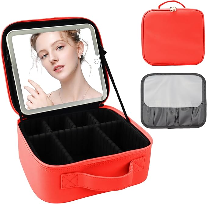SUILU Travel Makeup Bag with LED Mirror and Light Travel Makeup Case Cosmetic Organizer Portable Cosmetic Brush Organizer Bag with Adjustable Dividers for Cosmetics Makeup Brushes Toiletry (Red)