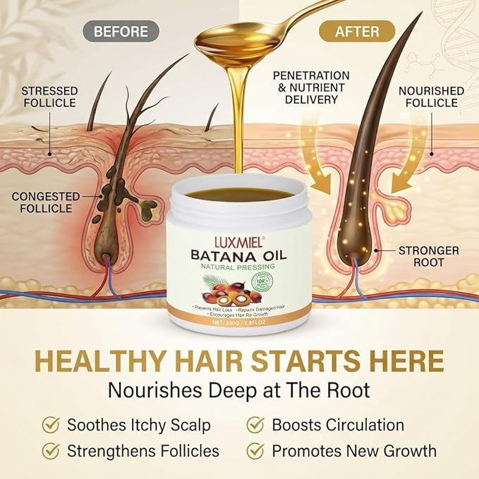 Batana Oil for Hair Growth – 100% Pure & Unrefined Honduran Batana Oil, Cold-Pressed Scalp Treatment for Thick, Strong & Shiny Hair, Batana Hair Oil for Men & Women (7.8 ft OZ)