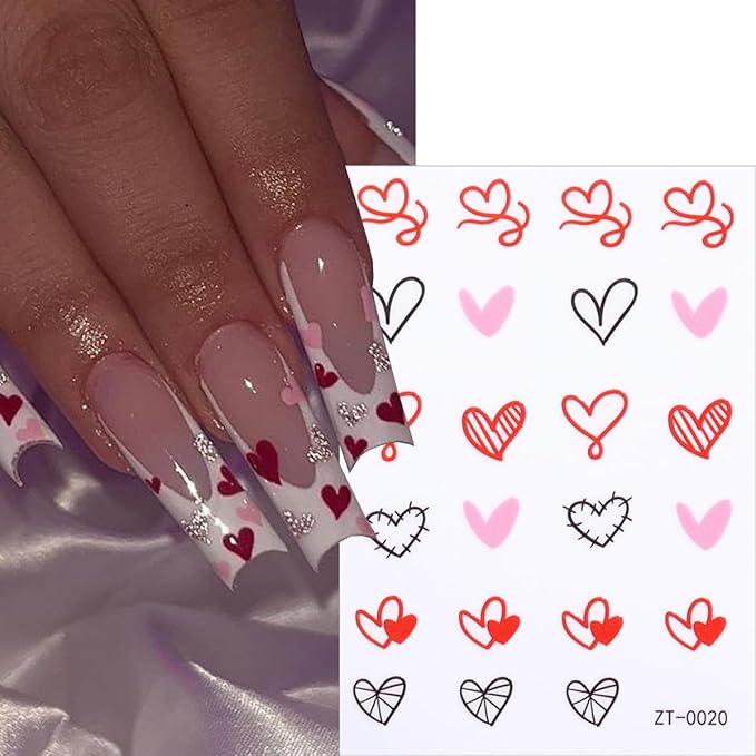10 Sheets Heart Nail Stickers Valentines Nail Decals 3D Self-Adhesive Various Styles of Heart-Shaped Nail Art Stickers Valentine's Heart Stickers DIY Manicure Decoration for Women