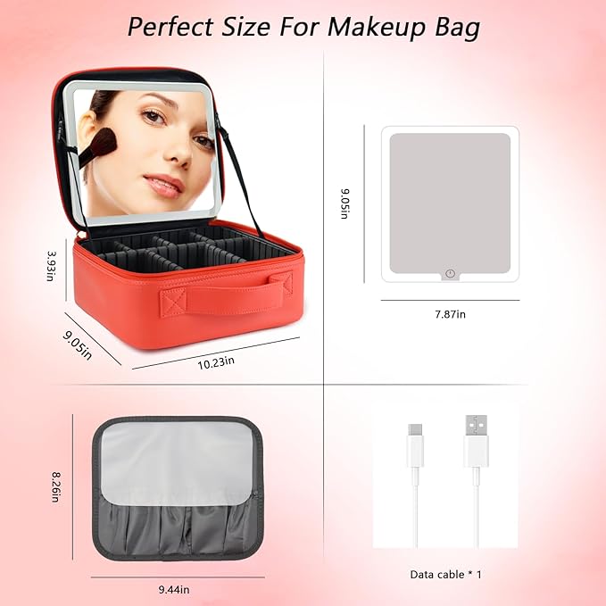 SLUMAZI Travel Makeup Bag with LED Mirror Travel Makeup Organizer with 3 Lighted Settings, Adjustable Dividers and Makeup Brush Storage Bag Red