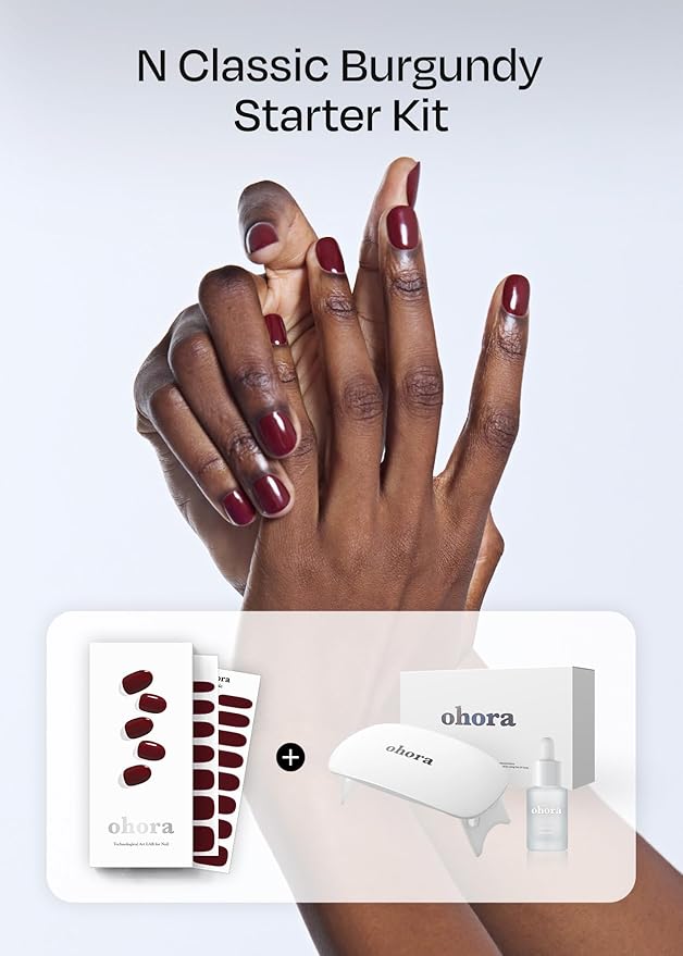 ohora Semi-Cured Gel Nail Strips Value Set (N Classic Burgundy Starter Kit) Includes Full Size Lamp and Mini Remover, Salon-Quality, Long Lasting, Easy to Apply & Remove