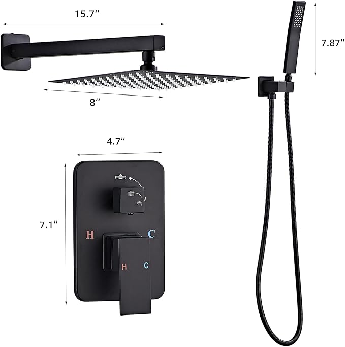 LCEVCGK Shower Faucet Set, Matte Black Rainfall Shower System Complete Wall Mounted for Bathroom with 8 Inch Square Shower Head and Handheld Shower Head Rain Mixer Combo Set