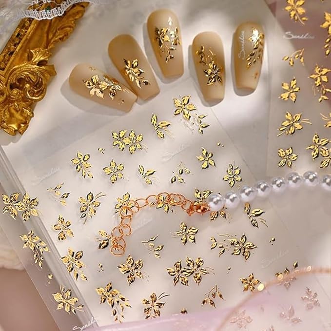 Gold Flower Nail Art Stickers 5D Embossed Spring Nail Stickers for Nail Art Summer Gold Nail Decals Flower Nail Art Design Supplies for Women Girl Spring DIY Manicure Decoration Accessories