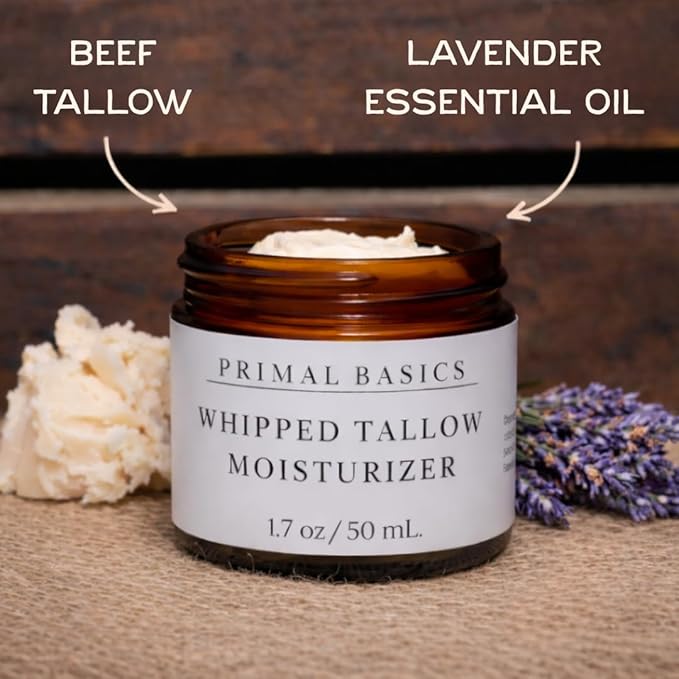 Primal Basics 100% Grass Fed Grass Finished Whipped Beef Tallow Moisturizer/Body Balm for Face, Body, Oily, Dry, Sensitive Skin -Contains Vitamins A, D, E, K -USA Made (1.7 oz, Lavender)