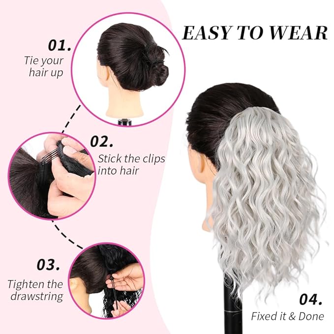 Short Deep Wave 10 Inch Drawstring Ponytail for Women Curly Ponytail Hair Extension Curly Deep Wave Hair Ponytail for Daily Use(Grey)