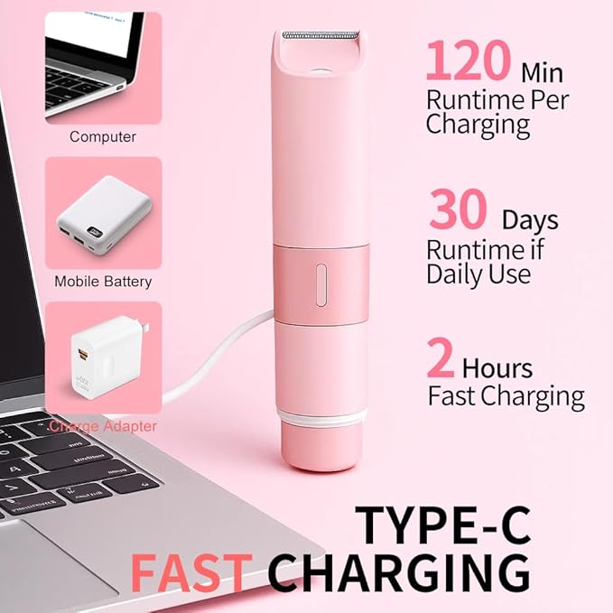 Bikini Trimmer for Women - 2 in 1 Painless Electric Razors for Women, IPX7 Waterproof Rechargeable LED Dual Head Electric Shaver for Lady Bikini Underarm, Body, Leg, Face Hair Remove (Pink)