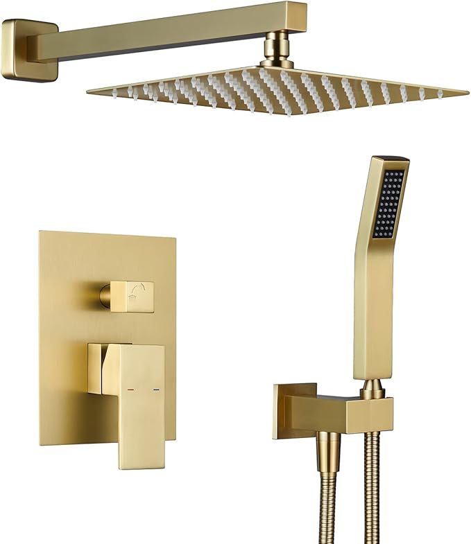 Artiqua Shower System 10 Inches Rain Shower Combo Set Brushed Gold Wall Mount Faucet Bathroom Faucets with Rainfall Shower Head and Hand Shower