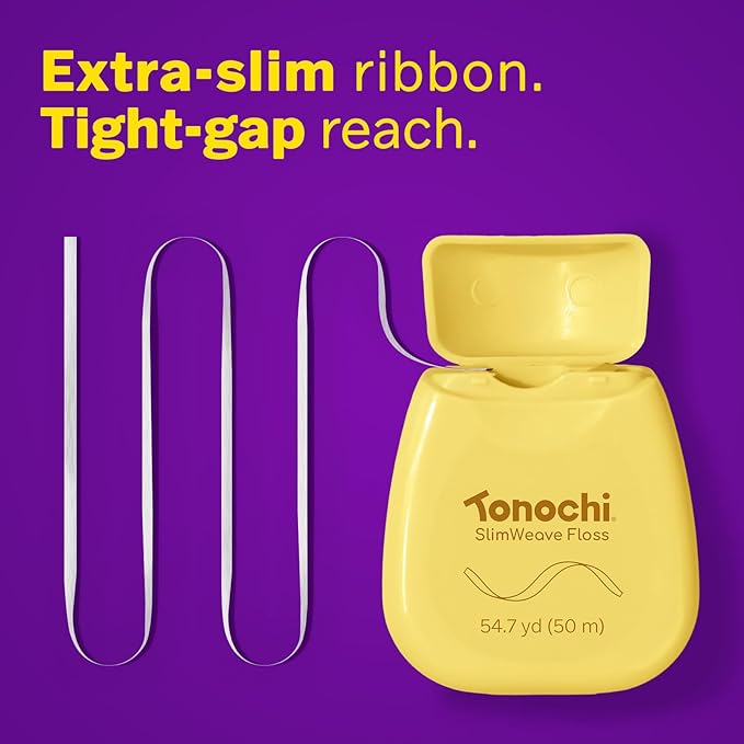 Tonochi SlimWeave Flat Dental Floss for Tight Teeth & Tight Spaces – Extra Thin, Smooth-Glide, Gentle on Gums, Mint + Xylitol, 3-Pack (50 m Each)