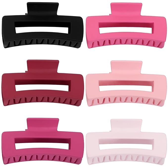 4 Inch Big Hair Claw Clips 6 Pcs Large Claw for Thick Hair Square Hair Clips for Women Rectangle Hair Clips Nonslip Acrylic Banana Jaw Clips Hair Accessories for Girls (Pink)