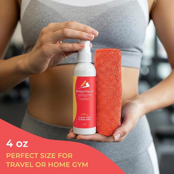 SwaytAway Fitness Mat Mist – 4oz Travel Size Yoga Mat Spray with Towel - (Pack of 2) – Aromatherapy-Inspired Citrus and Eucalyptus Blend – Plant-Based, No Rinse, Refreshes & Deodorizes