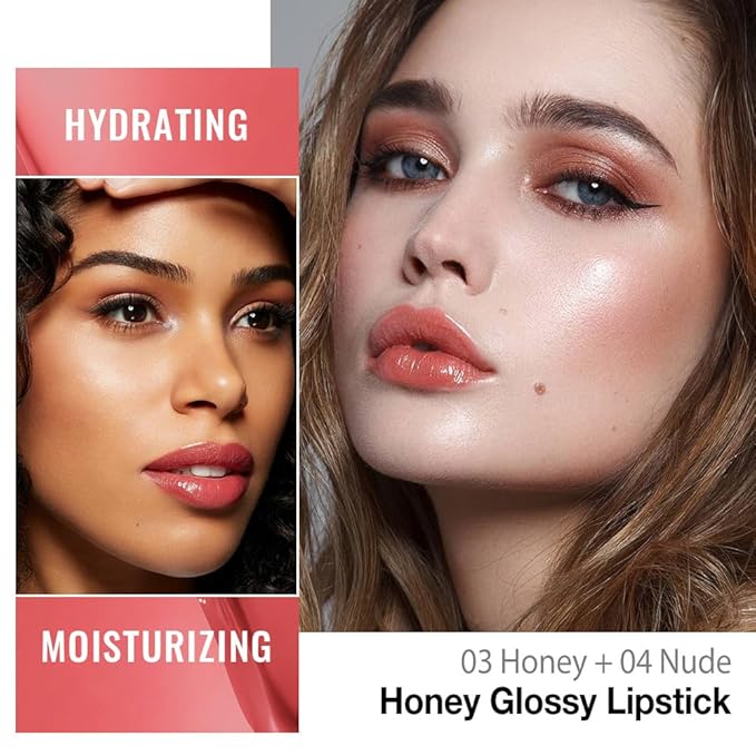 HHLTOH Honey Lipstick Tinted Lip Balm - Shine Moisturizing Lipstick for Women, Natural Nourishing Hydrating Lip Gloss Stain for Dry Lips, Tint Sheer Lightweight Makeup, Vegan - 2Pc Honey & Nude