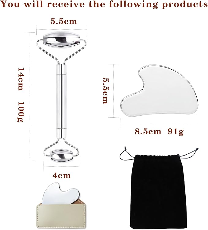 Stainless Steel Gua Sha and Face Roller Set Facial Massager Tools, Lymphatic Drainage Massager Metal Gua Sha Skin Self Care Gifts for Women