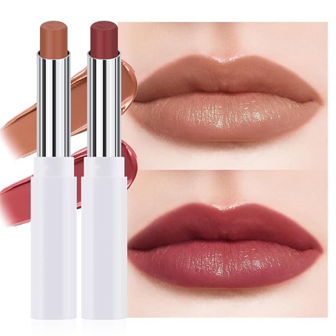HHLTOH 2Pcs Tinted Lip Balm Moisturizing Lipstick – Waterproof Hydrating Matte Lip Balm for Women,Creamy Natural Color Stain for Dry Lips,Soft Matte Finish (2# Cinnamon Nude Brown & 6# Vivid Rose Red)