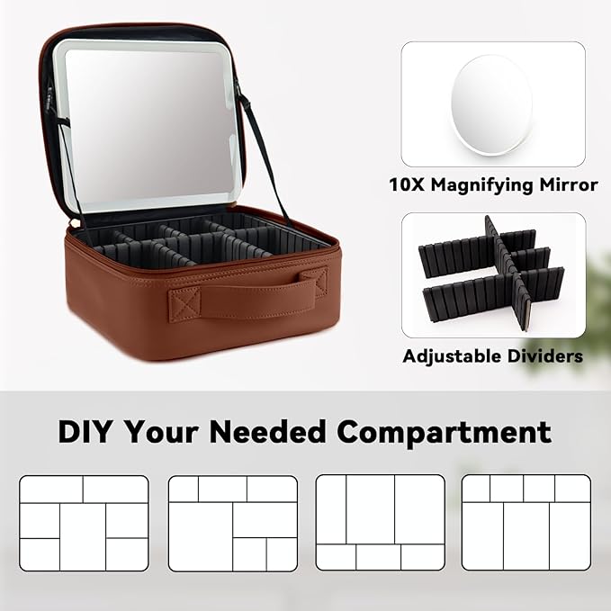 SLUMAZI Travel Makeup Bag with LED Mirror and 10x magnifying glass with 3 Lighted Settings, Adjustable Dividers and Makeup Brush Storage Bag Dark Brown