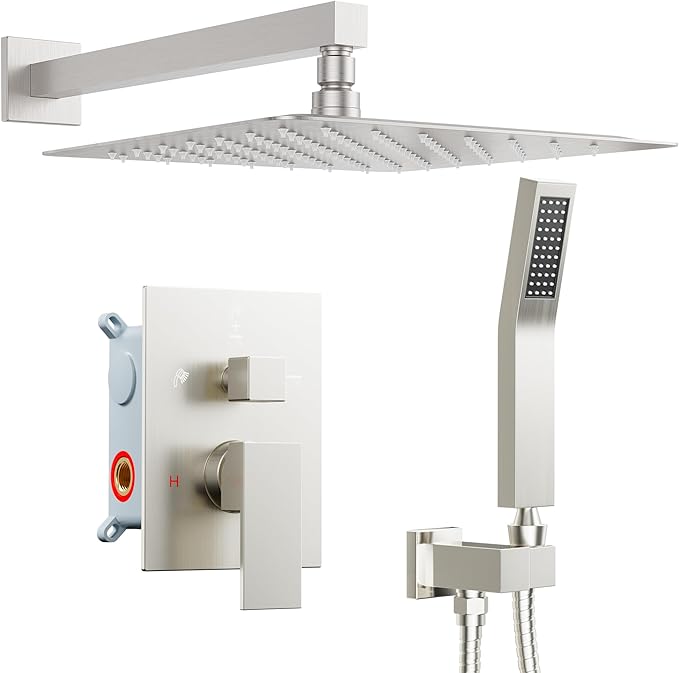 Rain Shower System Brushed Nickel, Starbath 12“ Rainfall Shower Head with Handheld Spray Complete Wall Mounted Rainfall Shower Faucet Set,2 Way Pressure Balance Shower Valve and Trim Kit Included
