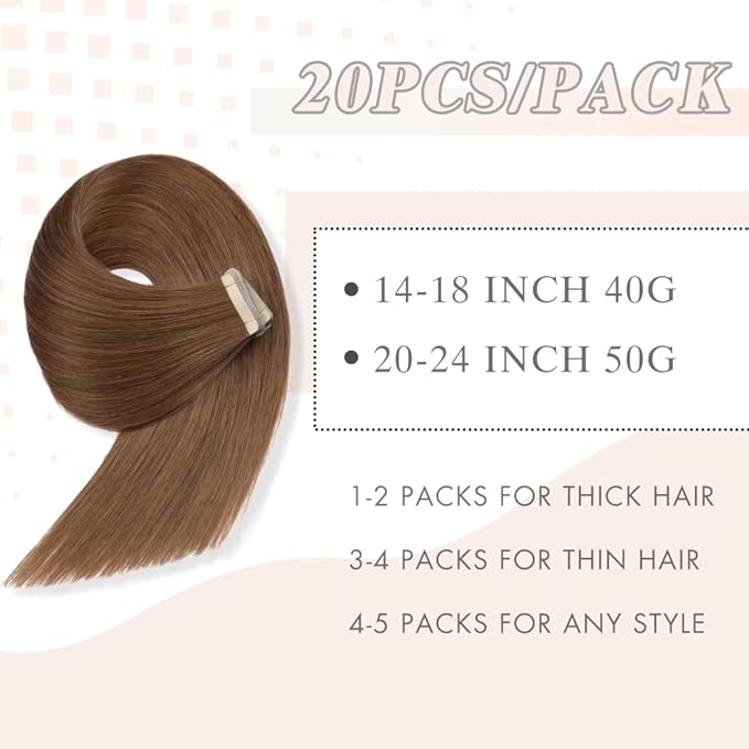 Tape Ins Human Hair 20pcs 20 Inches Hair Extensions Tape Ins for White Women Invisible Seamless Human Hair Tape In Extensions Skin Weft Medium Brown (6#)