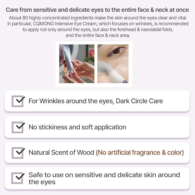 CQMONG Intensive Eye Cream 1.01 fl oz for dark circles, puffiness, wrinkles, fine lines, bags under eyes, dark spots l Natural wood scent l Glutathione, Collagen, 7 Amino Acids, Adenosine l Korean