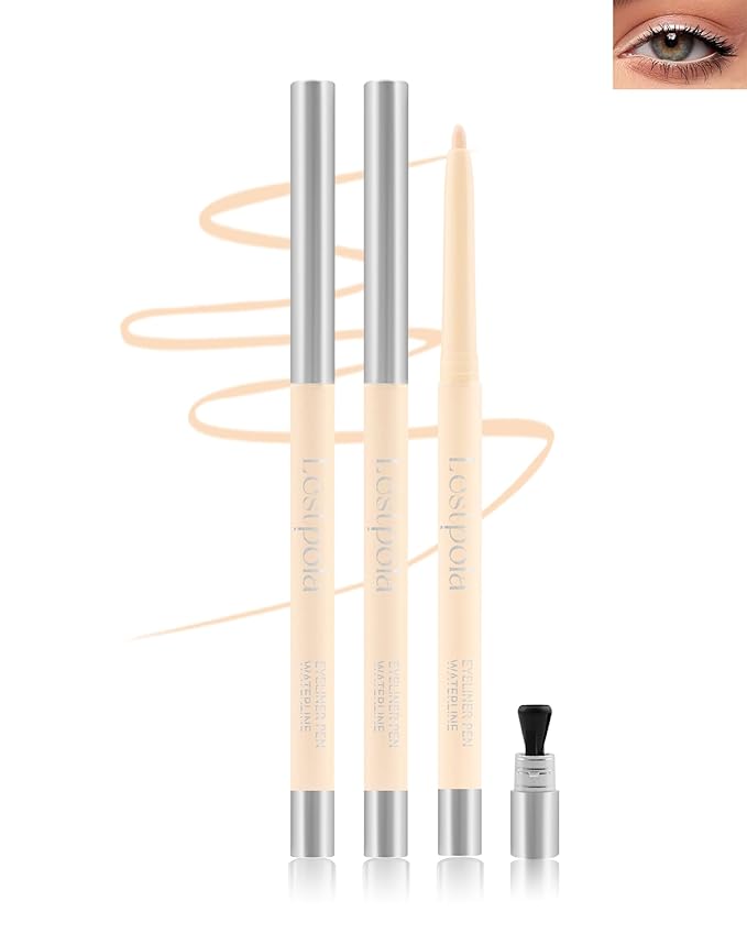 Nude Gel Waterline Eyeliner, Glides on Smooth Eyeliner Pencil, Matte Cream Soft Texture, Waterproof Smudge-Proof Long Wear Eye Liner, Retractable Beige Eye Liner Brightener Pen with Sharpener(2Pcs)