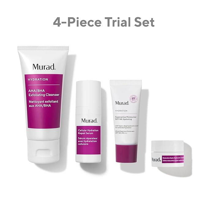 Murad Hydrate Trial Kit – Dewy Skin Set with AHA/BHA Cleanser 2.0oz, Hydration Serum 0.33oz, Hydro-Hyaluronic Cream 0.25oz, Superactive SPF 50 Moisturizer 0.8oz | Travel Skincare for Radiant Skin